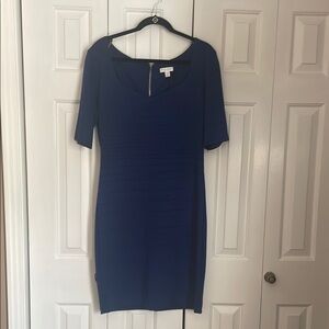 Blue Sheath Midi Dress with Elbow Sleeves and Scoop Neck